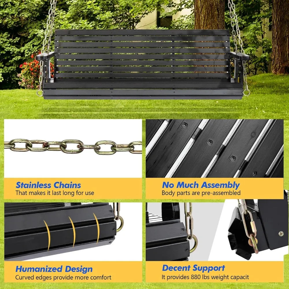 Upgraded Patio Wooden Porch Swing for Courtyard & Garden, Heavy Duty 880 LBS Swing Chair Bench with Hanging Chains for Outdoors