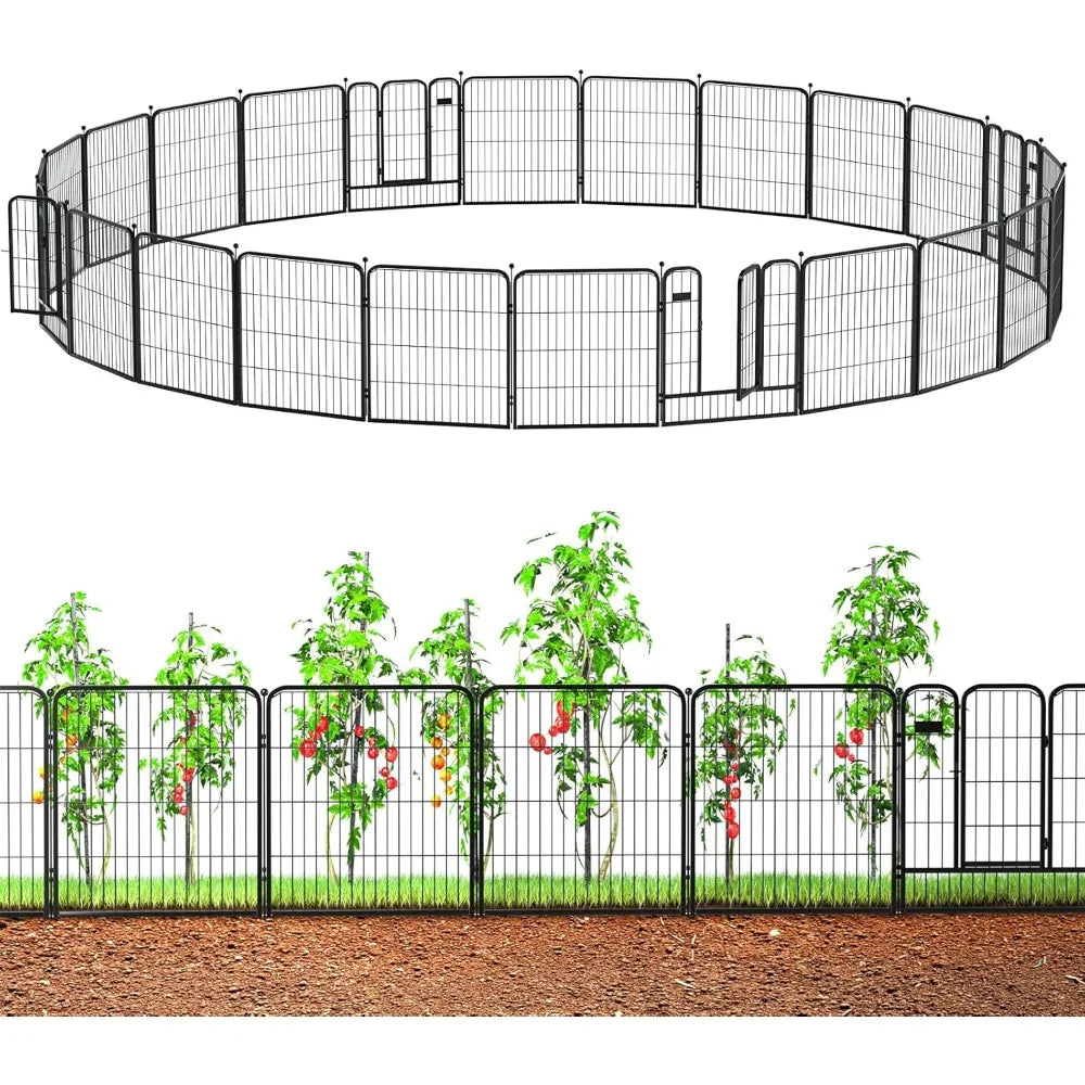 Outdoor Garden Fence with Gate 24 Pack 32in (H) x 55ft (L), Heavy Duty Metal, Decorative Outdoor Yard Fencing for Dogs, Tempora