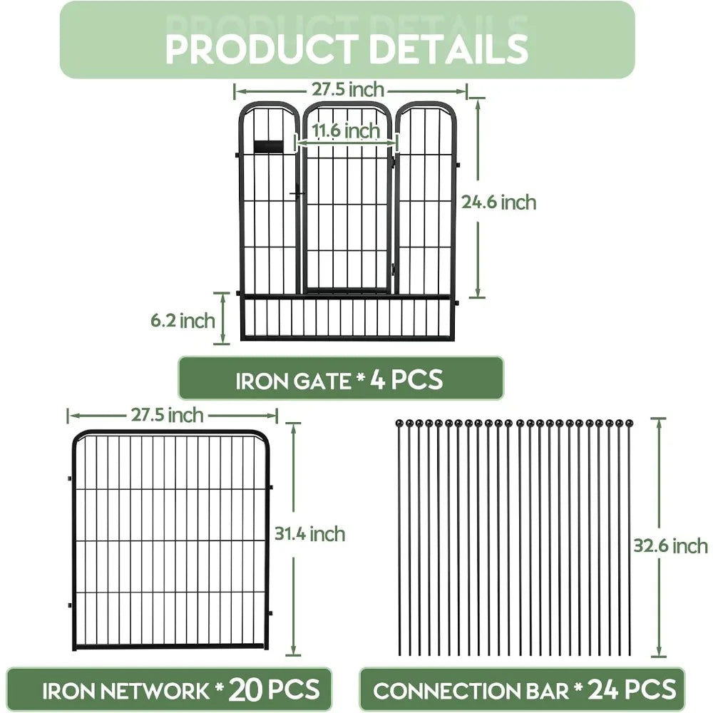 Outdoor Garden Fence with Gate 24 Pack 32in (H) x 55ft (L), Heavy Duty Metal, Decorative Outdoor Yard Fencing for Dogs, Tempora