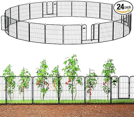 Outdoor Garden Fence with Gate 24 Pack 32in (H) x 55ft (L), Heavy Duty Metal, Decorative Outdoor Yard Fencing for Dogs, Tempora