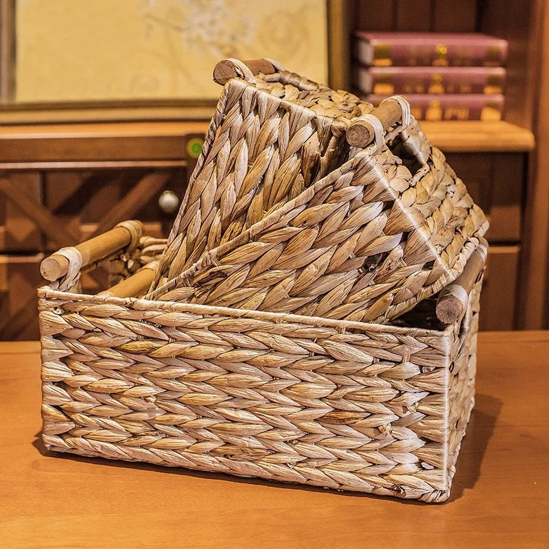 Woven Storage Box Handle Kitchen Sundry Organizer Laundry Basket Rectangular Closet Organizer Kitchen Organizer Picnic Basket