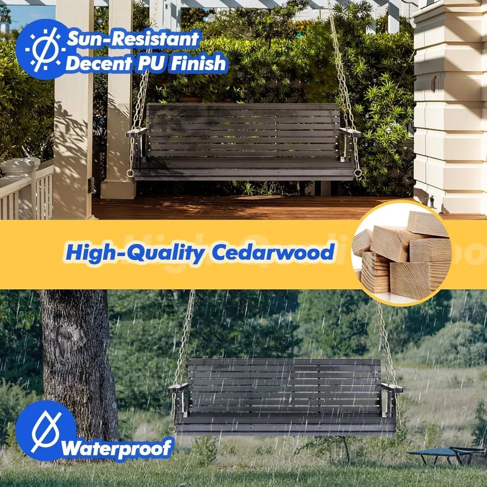 Upgraded Patio Wooden Porch Swing for Courtyard & Garden, Heavy Duty 880 LBS Swing Chair Bench with Hanging Chains for Outdoors