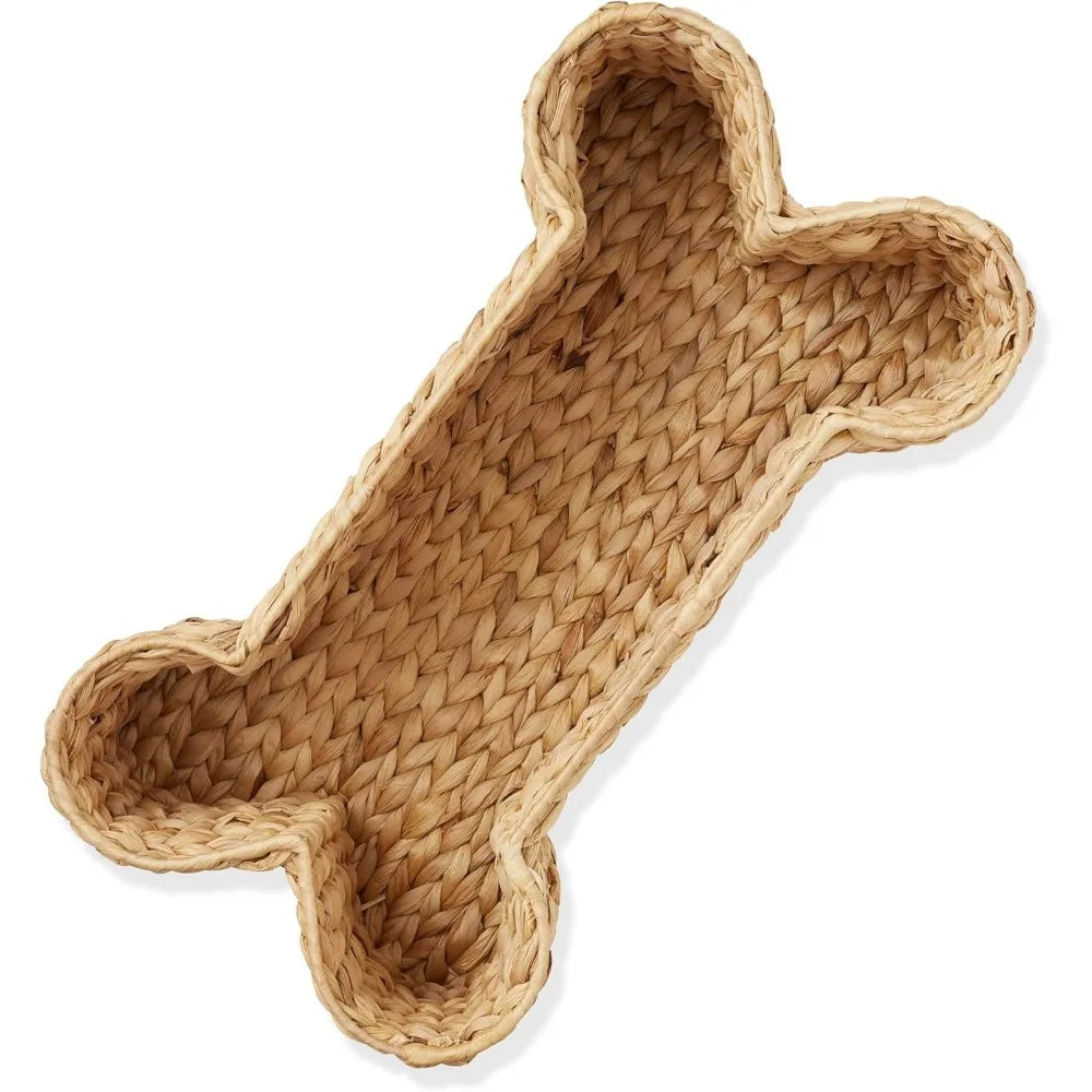 Dog Bone Shaped Storage Basket - Natural, Large Woven Water Hyacinth Pet Toy Organizer