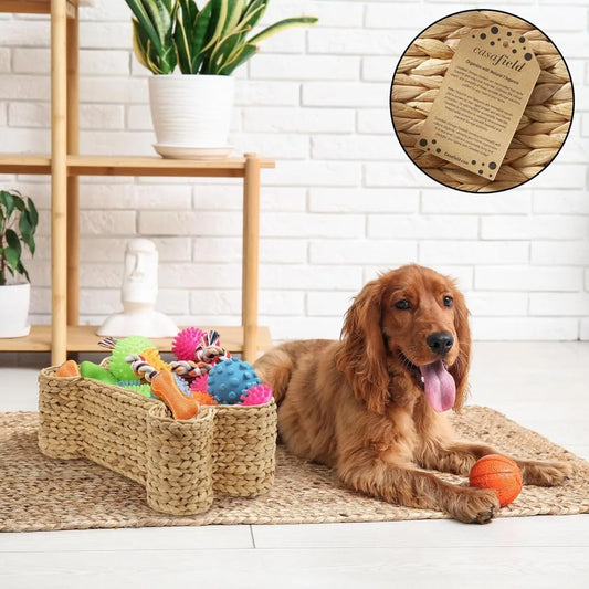 Dog Bone Shaped Storage Basket - Natural, Large Woven Water Hyacinth Pet Toy Organizer