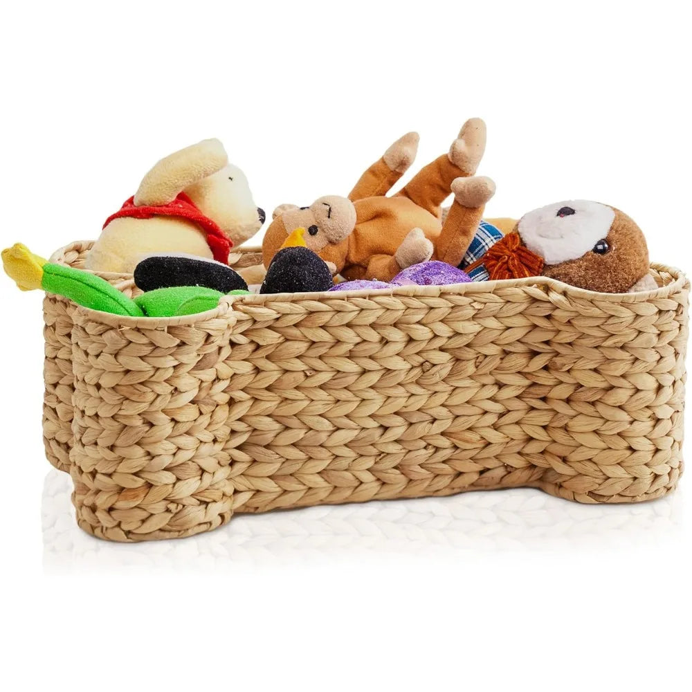 Dog Bone Shaped Storage Basket - Natural, Large Woven Water Hyacinth Pet Toy Organizer