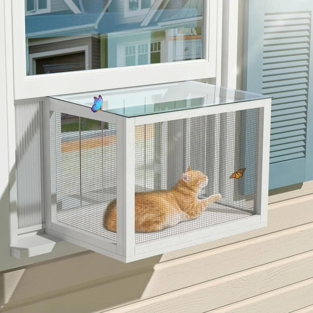 Cat Window Box, Universal Cat Window Perch Catio with Waterproof Transparent Top Fits Double Hung Frames  for Sunbathing