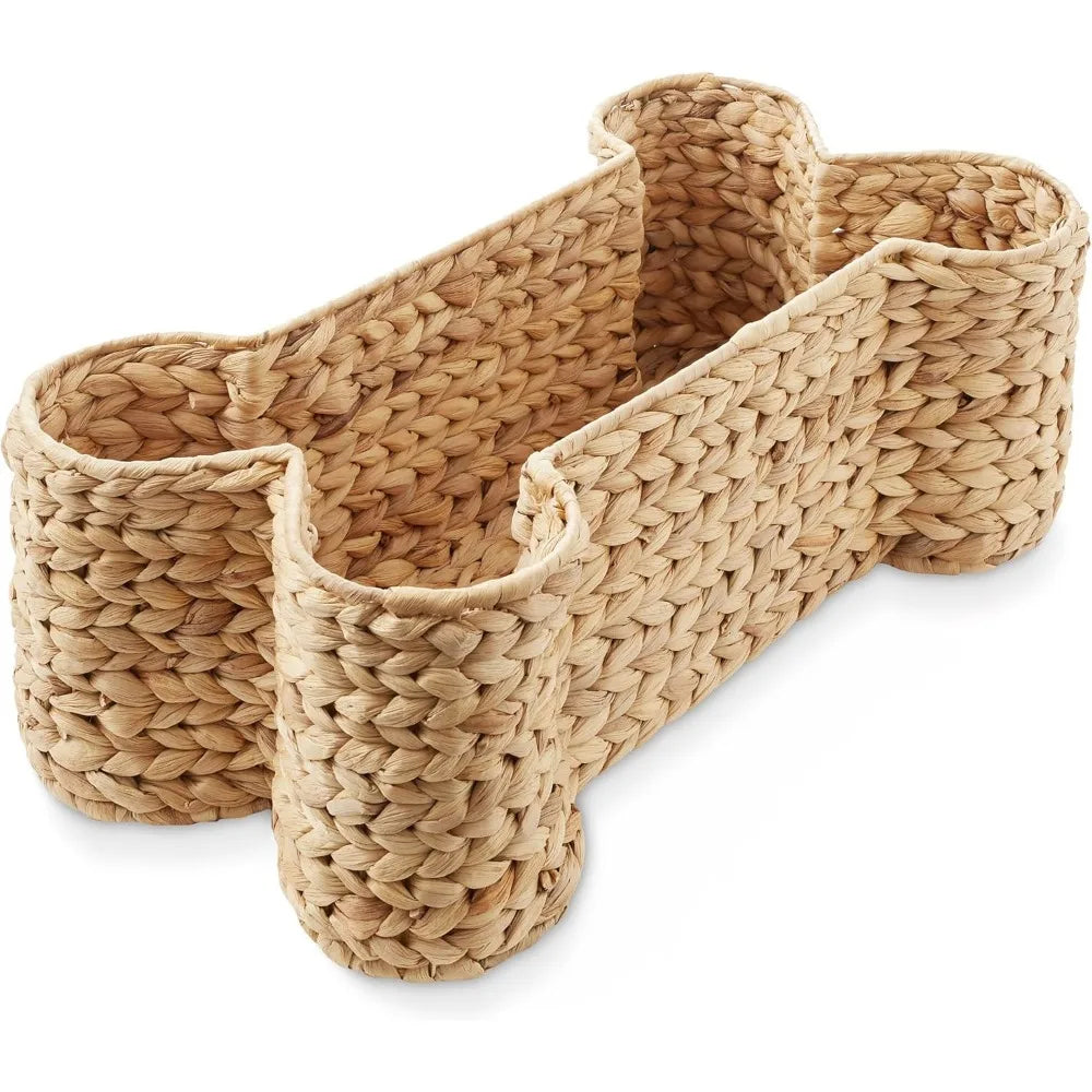 Dog Bone Shaped Storage Basket - Natural, Large Woven Water Hyacinth Pet Toy Organizer